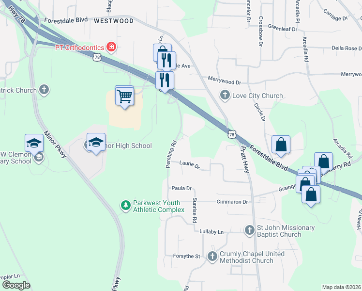 map of restaurants, bars, coffee shops, grocery stores, and more near 2200 Pershing Road in Birmingham