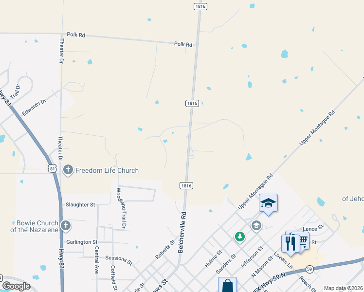 map of restaurants, bars, coffee shops, grocery stores, and more near 1637 Farm to Market Road 1816 in Bowie