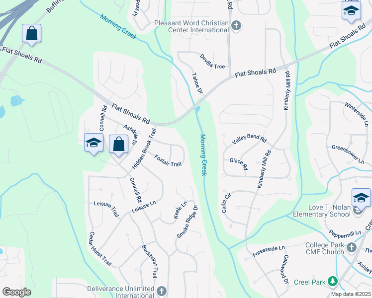 map of restaurants, bars, coffee shops, grocery stores, and more near 2670 Foxlair Trail in College Park