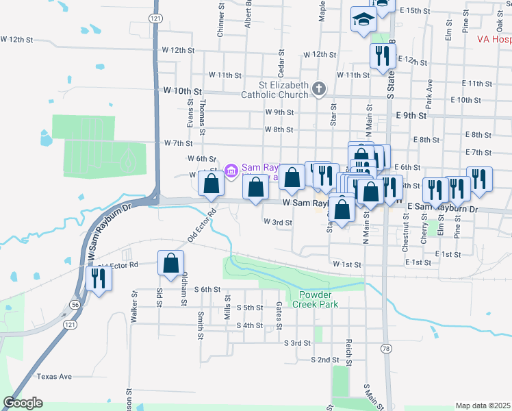 map of restaurants, bars, coffee shops, grocery stores, and more near 700 West Sam Rayburn Drive in Bonham