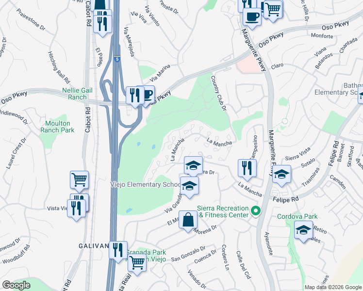 map of restaurants, bars, coffee shops, grocery stores, and more near 26522 Lucinda in Mission Viejo