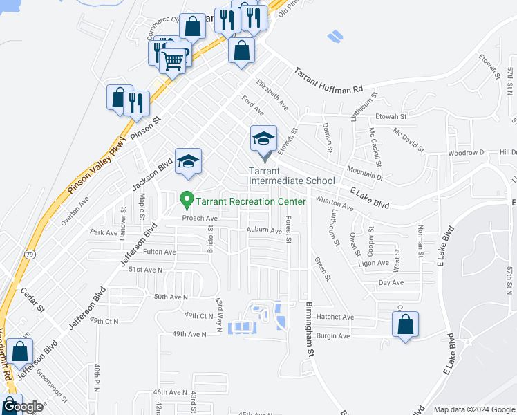 map of restaurants, bars, coffee shops, grocery stores, and more near 1436 Burlington Avenue in Birmingham