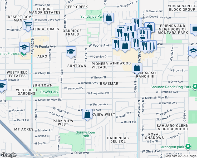 map of restaurants, bars, coffee shops, grocery stores, and more near 6958 West Brown Street in Peoria