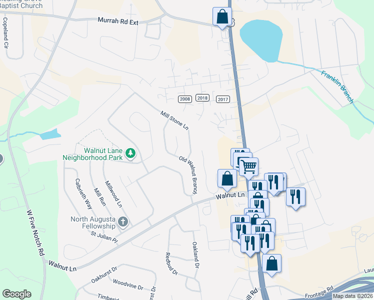 map of restaurants, bars, coffee shops, grocery stores, and more near 28 Burning Tree Place in North Augusta