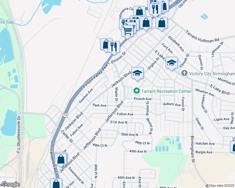 map of restaurants, bars, coffee shops, grocery stores, and more near 1260 Elm Avenue in Birmingham