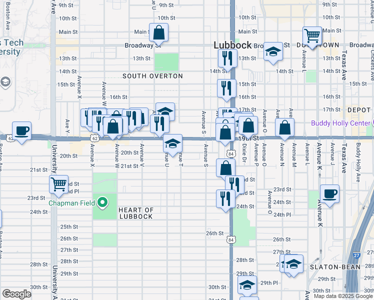 map of restaurants, bars, coffee shops, grocery stores, and more near 1920 20th Street in Lubbock