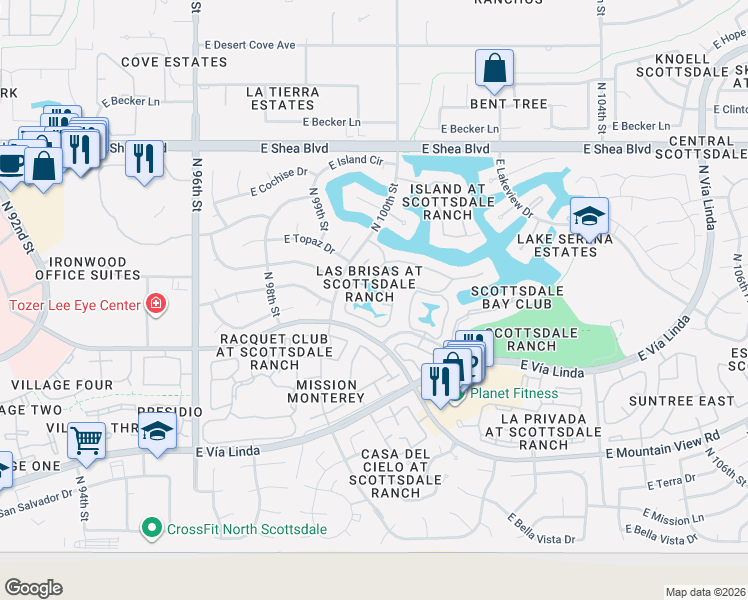 map of restaurants, bars, coffee shops, grocery stores, and more near 10078 East Ironwood Drive in Scottsdale