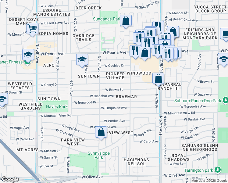 map of restaurants, bars, coffee shops, grocery stores, and more near 6958 West Brown Street in Peoria
