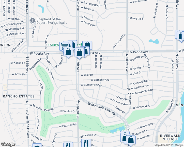 map of restaurants, bars, coffee shops, grocery stores, and more near 10216 North 105th Drive in Sun City