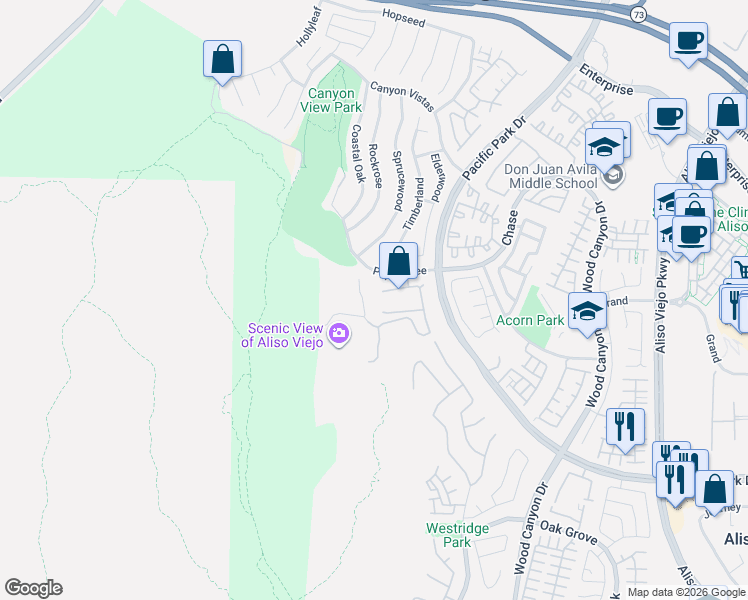 map of restaurants, bars, coffee shops, grocery stores, and more near 64 Vista Del Valle in Aliso Viejo