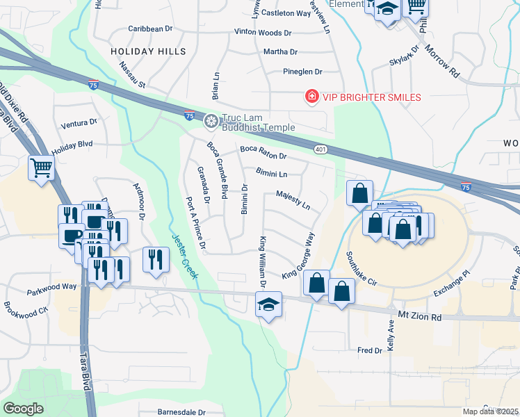 map of restaurants, bars, coffee shops, grocery stores, and more near 6497 King William Drive in Morrow