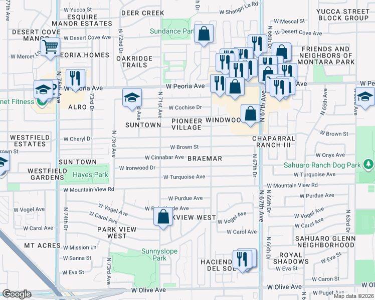 map of restaurants, bars, coffee shops, grocery stores, and more near 6958 West Brown Street in Peoria