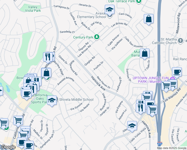 map of restaurants, bars, coffee shops, grocery stores, and more near 24493 New Haven Drive in Murrieta