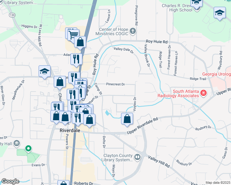 map of restaurants, bars, coffee shops, grocery stores, and more near 488 Pinecrest Drive in Riverdale