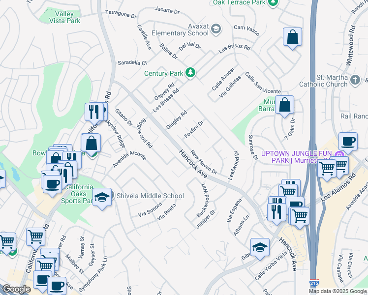 map of restaurants, bars, coffee shops, grocery stores, and more near 24493 New Haven Drive in Murrieta