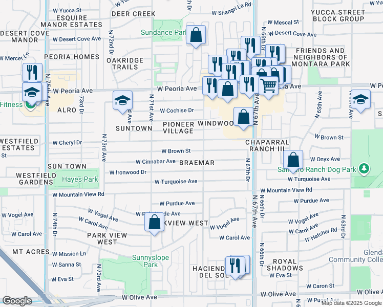 map of restaurants, bars, coffee shops, grocery stores, and more near 6910 West Brown Street in Peoria