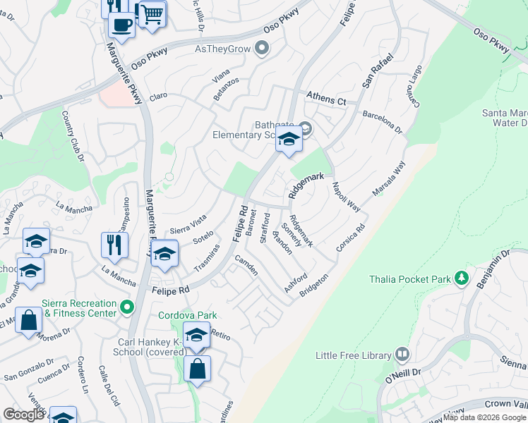 map of restaurants, bars, coffee shops, grocery stores, and more near 26551 Strafford in Mission Viejo