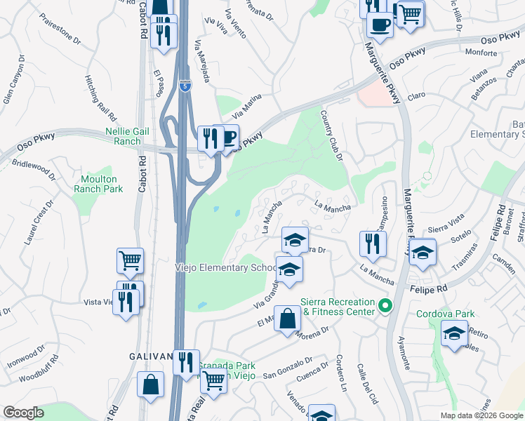 map of restaurants, bars, coffee shops, grocery stores, and more near 26561 Lucinda in Mission Viejo