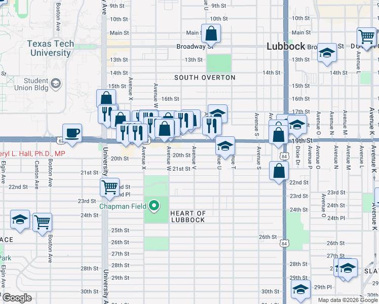 map of restaurants, bars, coffee shops, grocery stores, and more near 2204 20th Street in Lubbock