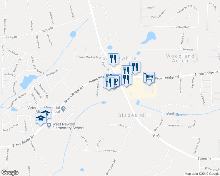 map of restaurants, bars, coffee shops, grocery stores, and more near 13091 Brown Bridge Road in Covington