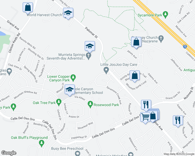 map of restaurants, bars, coffee shops, grocery stores, and more near 23463 Scooter Way in Murrieta