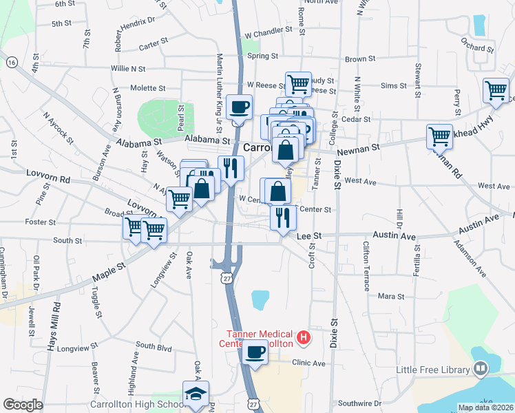 map of restaurants, bars, coffee shops, grocery stores, and more near 127 West Center Street in Carrollton