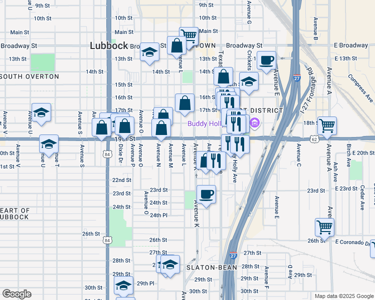 map of restaurants, bars, coffee shops, grocery stores, and more near 1915 Avenue L in Lubbock