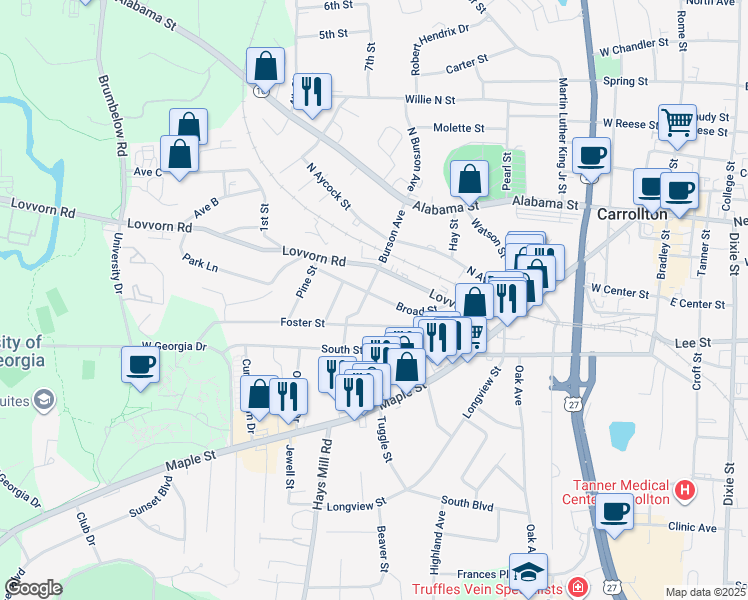 map of restaurants, bars, coffee shops, grocery stores, and more near 234 Broad Street in Carrollton