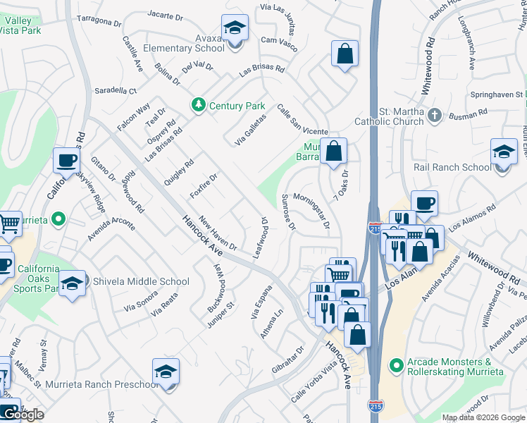 map of restaurants, bars, coffee shops, grocery stores, and more near 24646 Leafwood Drive in Murrieta