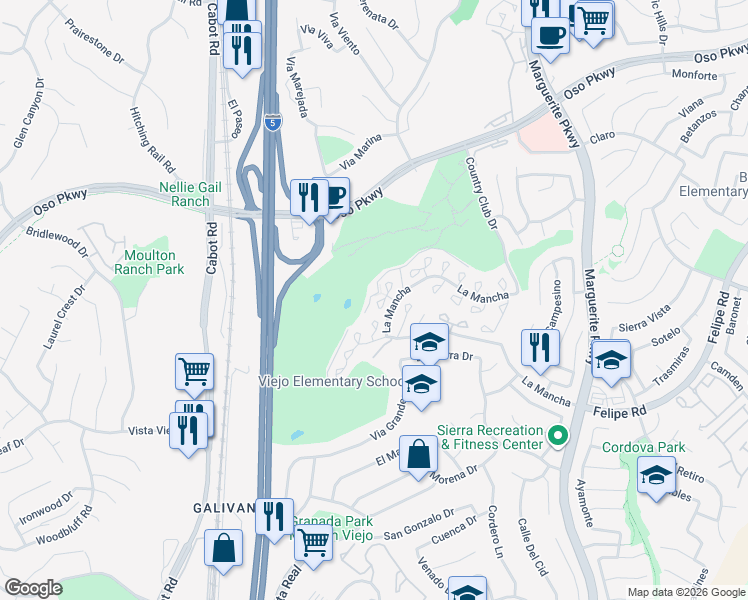map of restaurants, bars, coffee shops, grocery stores, and more near 26561 Lucinda in Mission Viejo