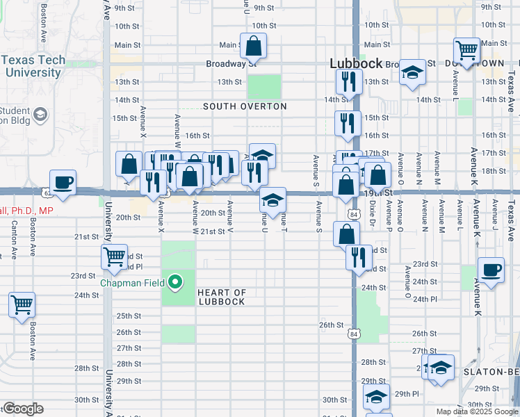 map of restaurants, bars, coffee shops, grocery stores, and more near 1901-1999 Avenue U in Lubbock