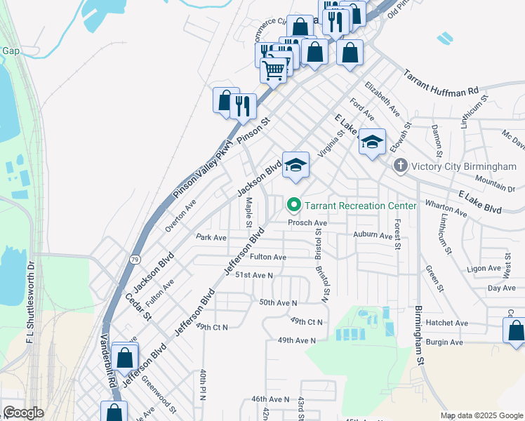 map of restaurants, bars, coffee shops, grocery stores, and more near 1260 Elm Avenue in Birmingham