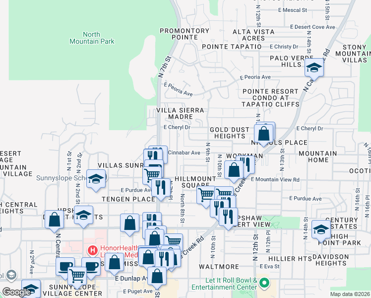 map of restaurants, bars, coffee shops, grocery stores, and more near 10015 North 7th Place in Phoenix