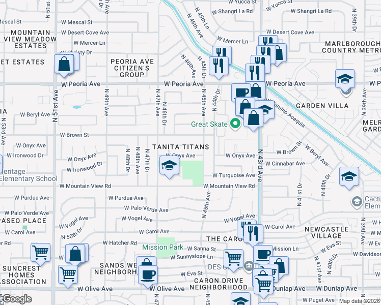map of restaurants, bars, coffee shops, grocery stores, and more near 4537 West Cinnabar Avenue in Glendale