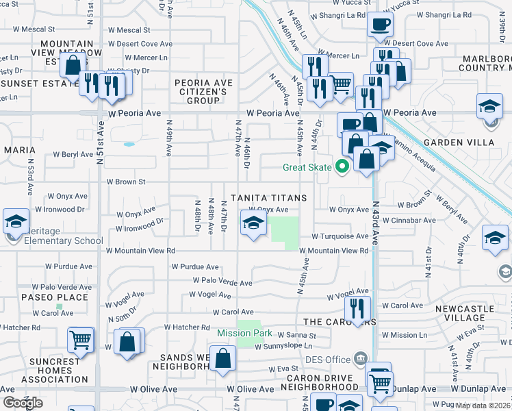 map of restaurants, bars, coffee shops, grocery stores, and more near 10032 North 46th Drive in Glendale