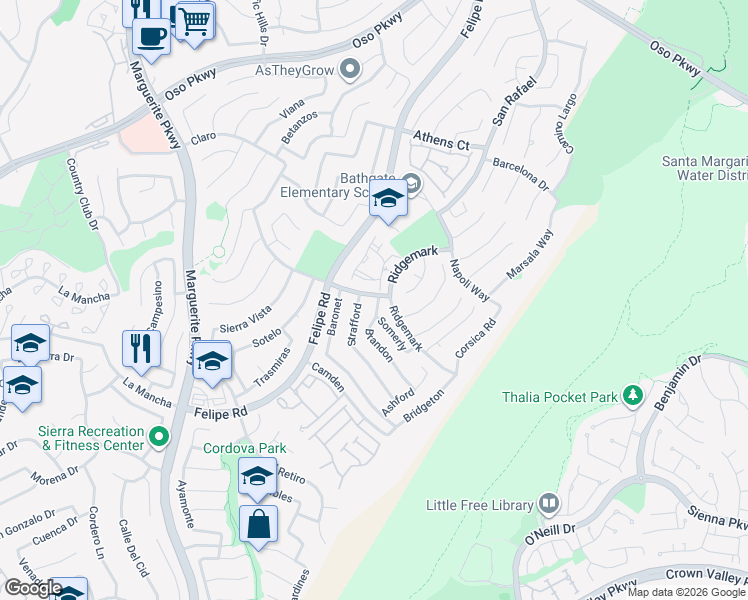 map of restaurants, bars, coffee shops, grocery stores, and more near 26502 Treviso in Mission Viejo