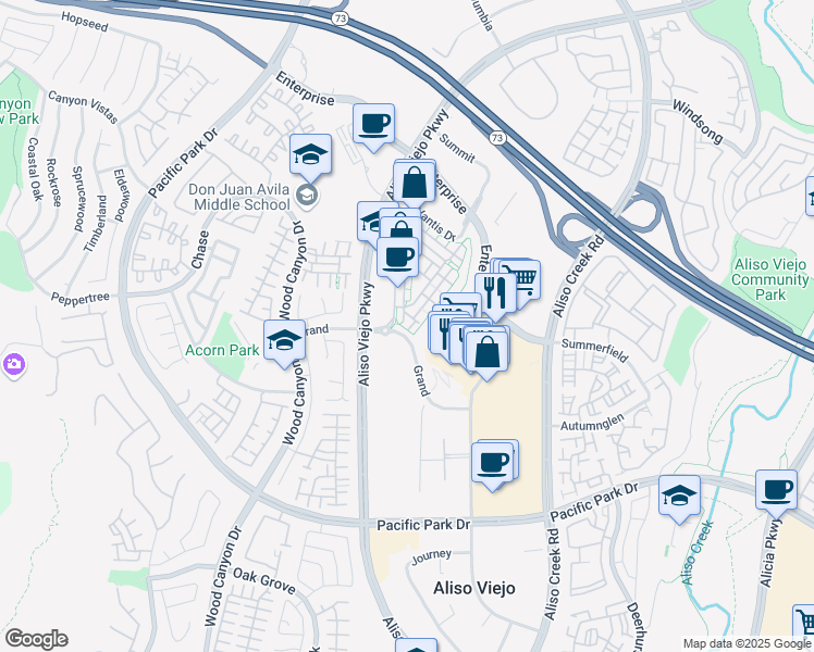 map of restaurants, bars, coffee shops, grocery stores, and more near 3 Compass Court in Aliso Viejo