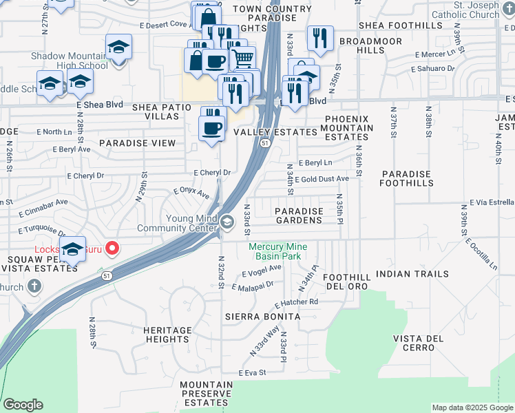 map of restaurants, bars, coffee shops, grocery stores, and more near 10009 North 33rd Street in Phoenix