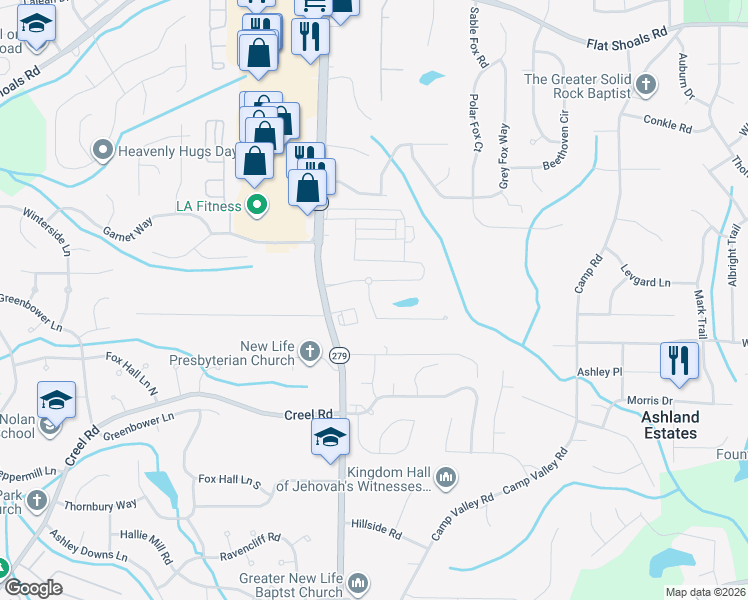 map of restaurants, bars, coffee shops, grocery stores, and more near 2384 Bigwood Trail in Atlanta