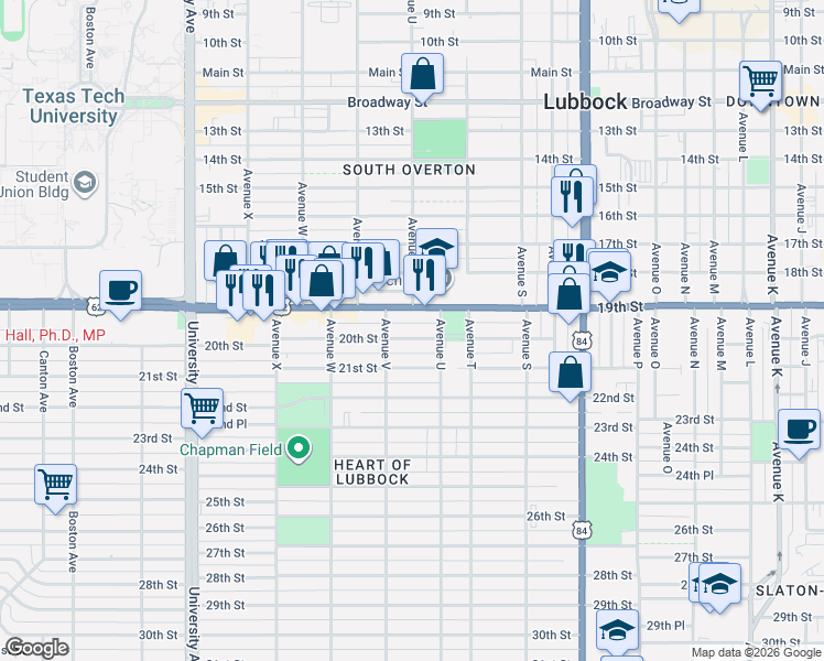 map of restaurants, bars, coffee shops, grocery stores, and more near 2125 19th Street in Lubbock