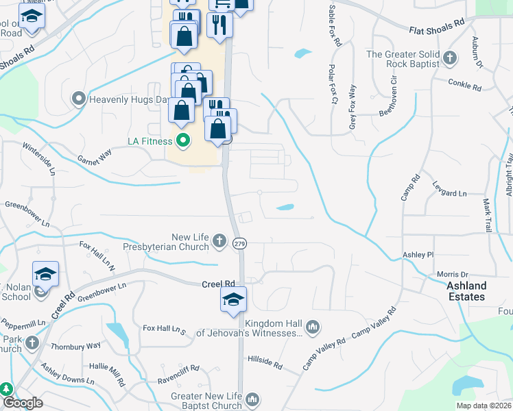 map of restaurants, bars, coffee shops, grocery stores, and more near 6455 Splitpine Court in Atlanta