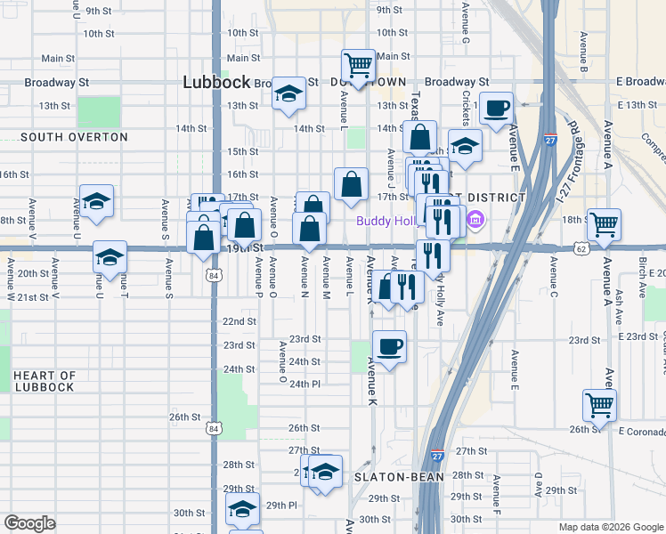 map of restaurants, bars, coffee shops, grocery stores, and more near 1401 19th Street in Lubbock