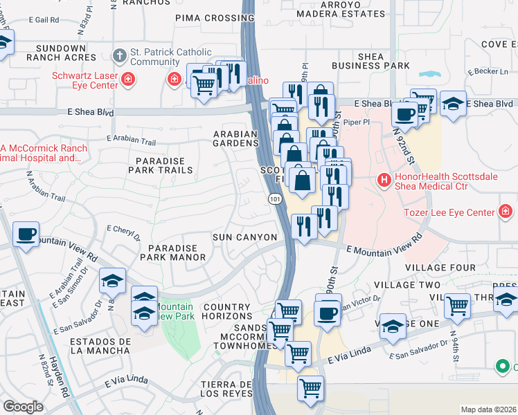 map of restaurants, bars, coffee shops, grocery stores, and more near 10101 North Arabian Trail in Scottsdale