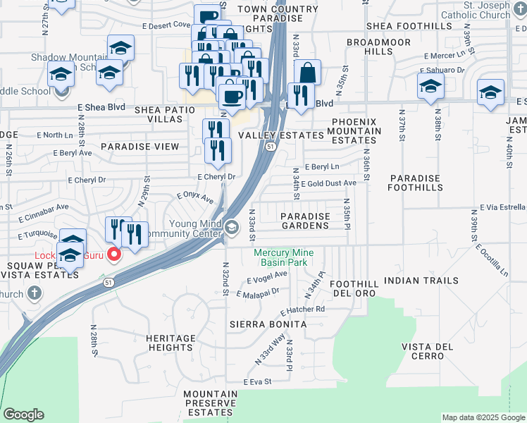 map of restaurants, bars, coffee shops, grocery stores, and more near 10009 North 33rd Street in Phoenix