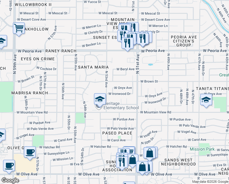 map of restaurants, bars, coffee shops, grocery stores, and more near 5221 West Onyx Avenue in Glendale