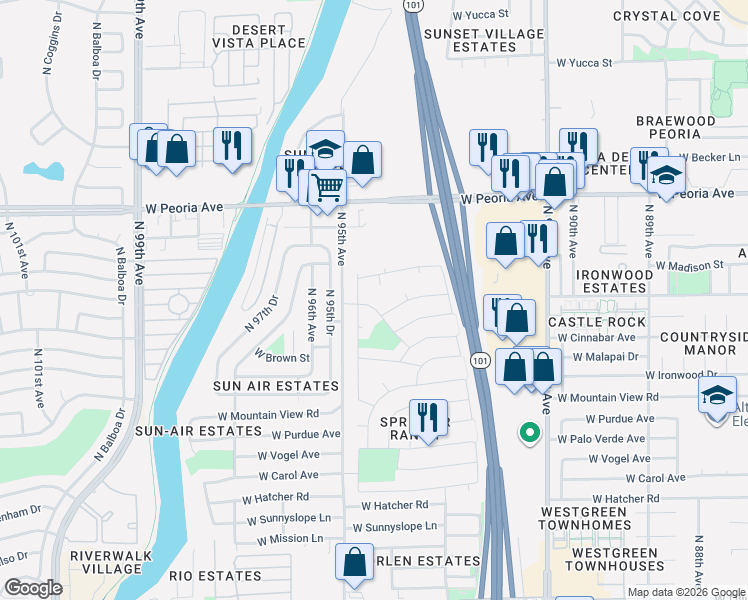 map of restaurants, bars, coffee shops, grocery stores, and more near 10221 North 94th Lane in Peoria