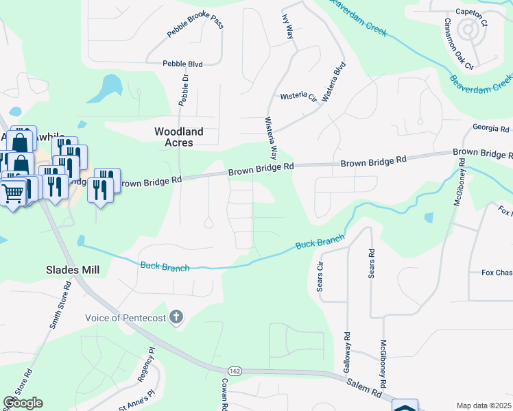 map of restaurants, bars, coffee shops, grocery stores, and more near 120 Bonito Lane in Covington
