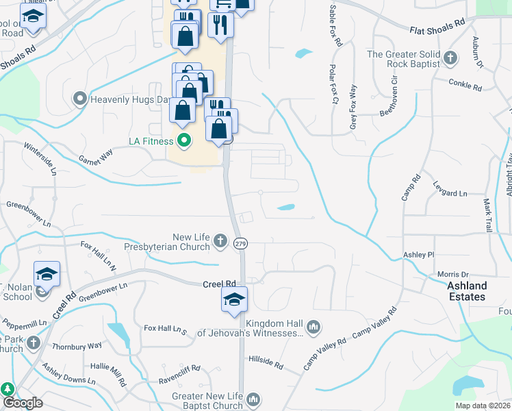 map of restaurants, bars, coffee shops, grocery stores, and more near 6455 Splitpine Court in Atlanta