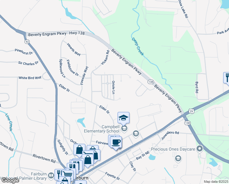 map of restaurants, bars, coffee shops, grocery stores, and more near 4095 Oriole Lane in Fairburn