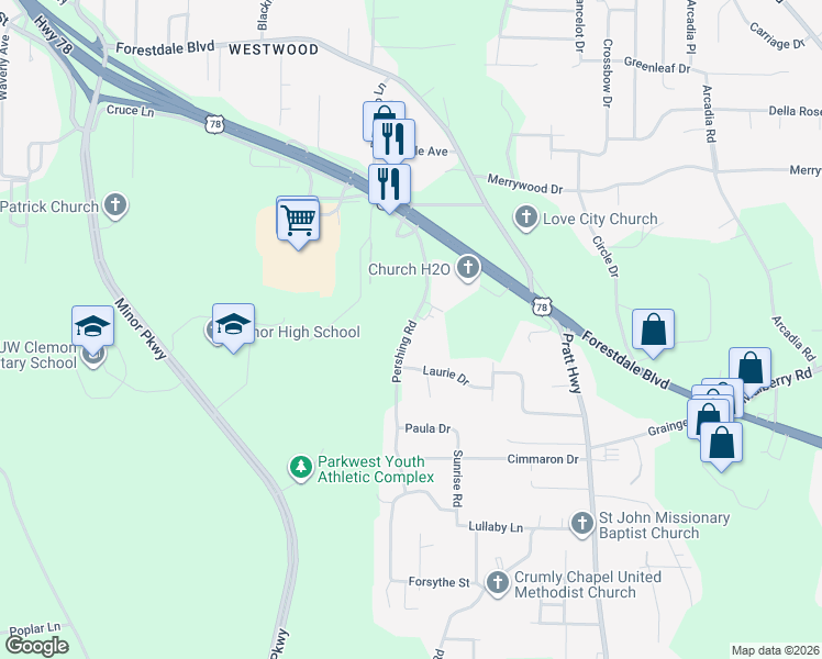 map of restaurants, bars, coffee shops, grocery stores, and more near 2201 Pershing Road in Birmingham